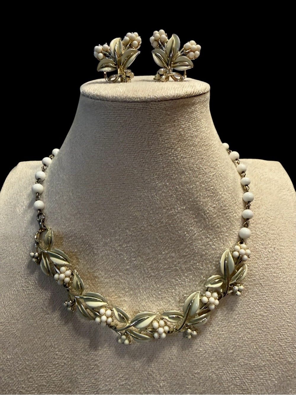 1950s Coro Jewelry Set, Necklace and Clip-On Earrings, Enamel & Faux Pearls